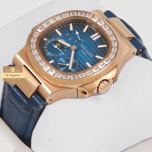 Latest Collection Rose Gold Case Stone Bezel With Blue Dial & Leather Strap