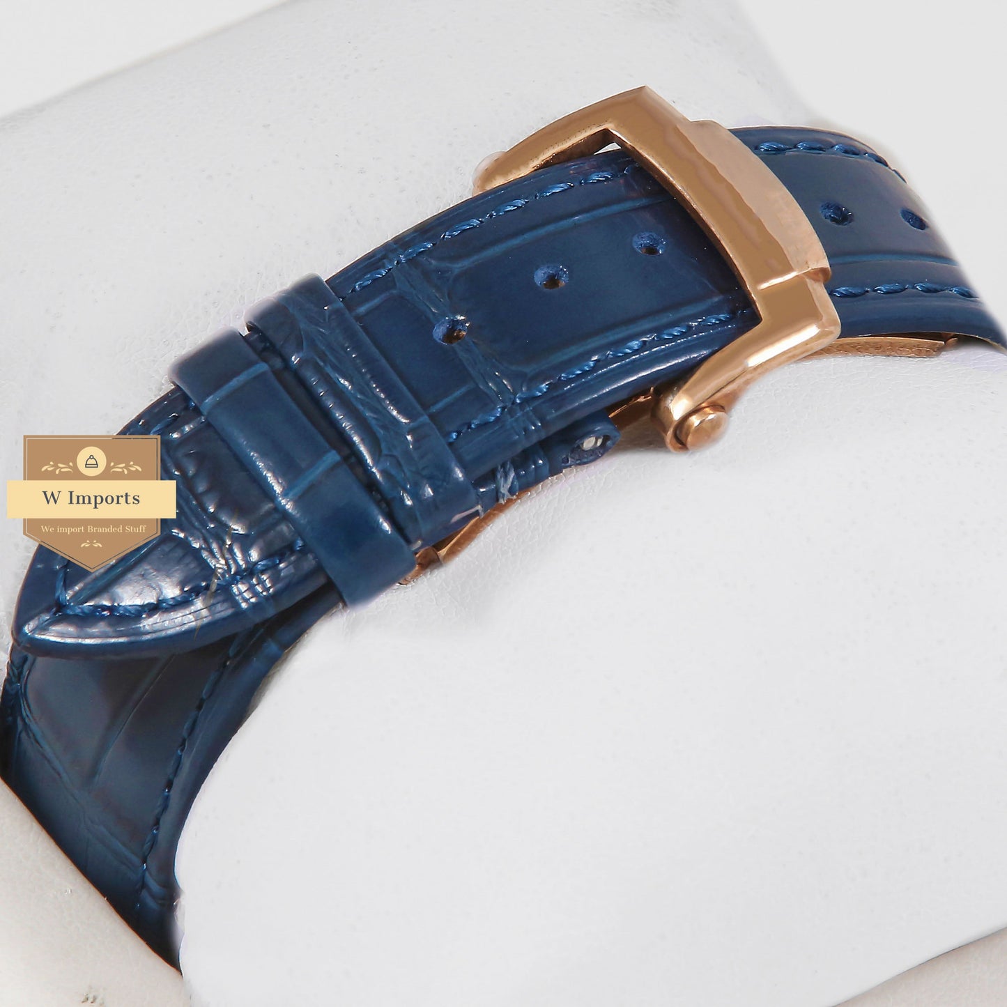 Latest Collection Rose Gold Case Stone Bezel With Blue Dial & Leather Strap