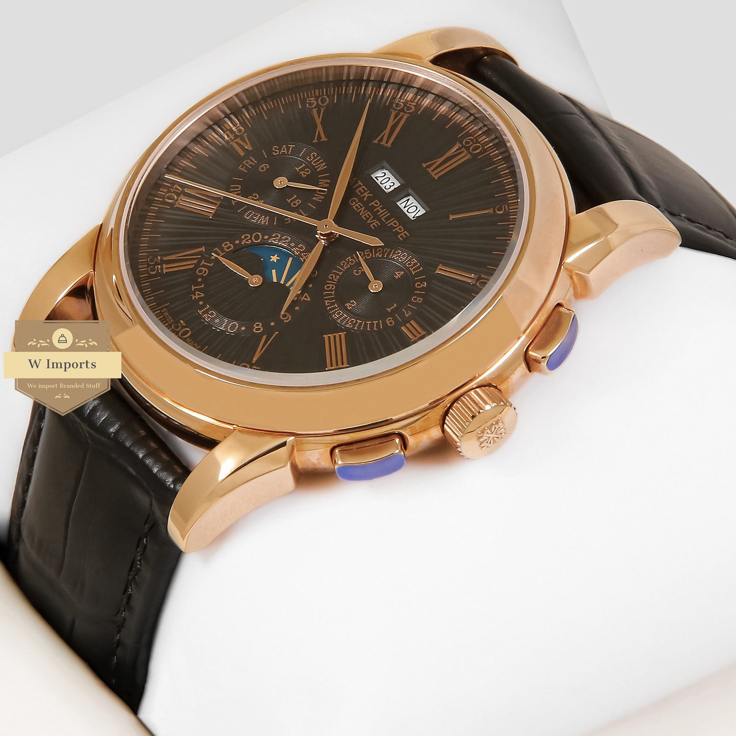 LATEST COLLECTION CHRONOGRAPH ROSE GOLD CASE WITH BLACK DIAL ROMAN FIGURE & LEATHER STRAP