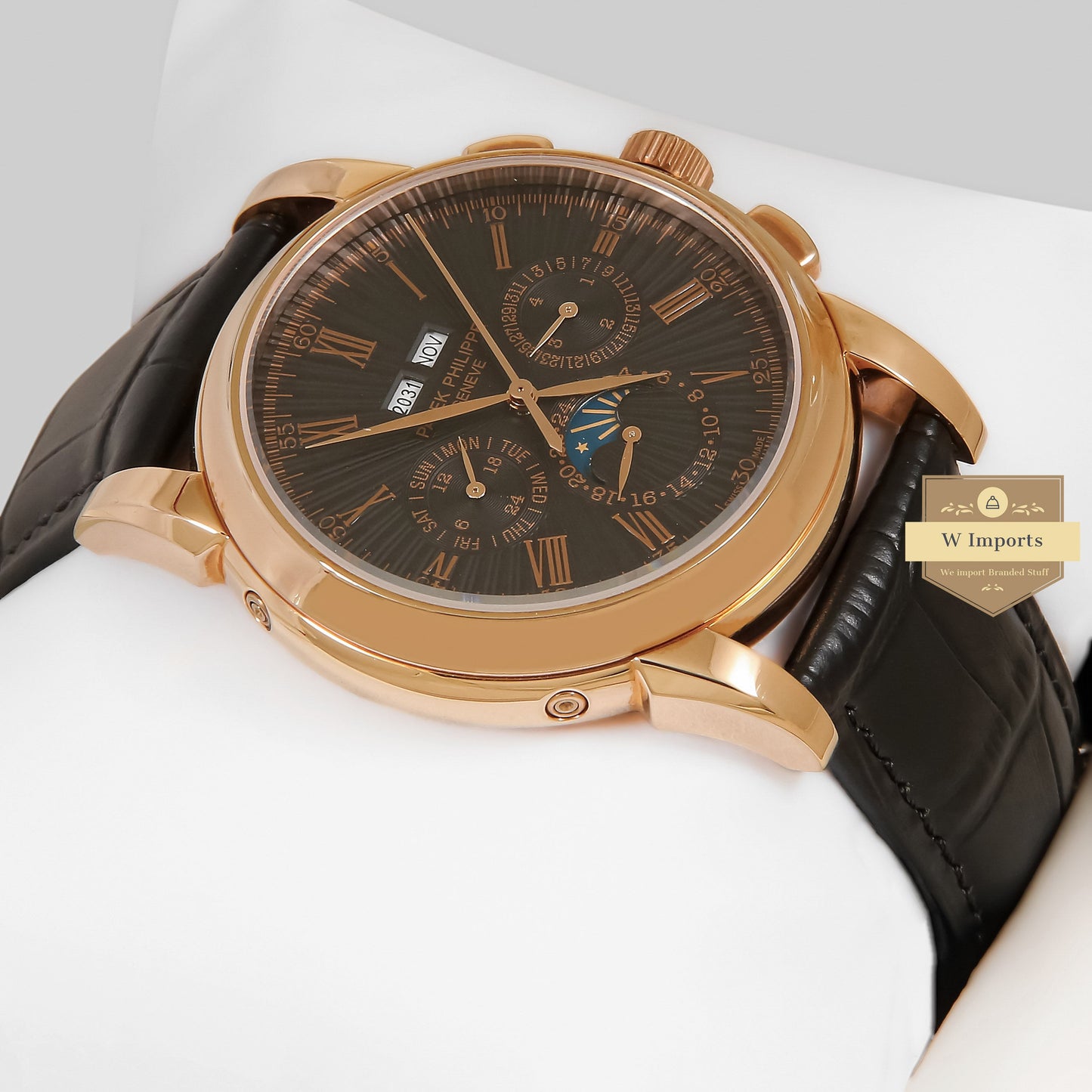 LATEST COLLECTION CHRONOGRAPH ROSE GOLD CASE WITH BLACK DIAL ROMAN FIGURE & LEATHER STRAP