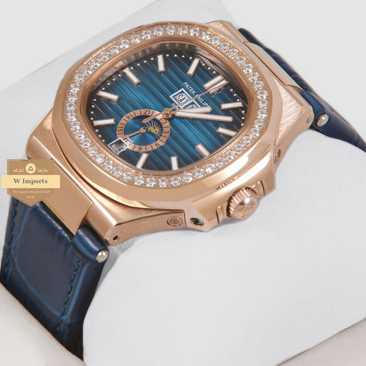 Latest Collection Annual Calendar Moon Phase Rose Gold Stone Case With Blue Dial & Leather Strap