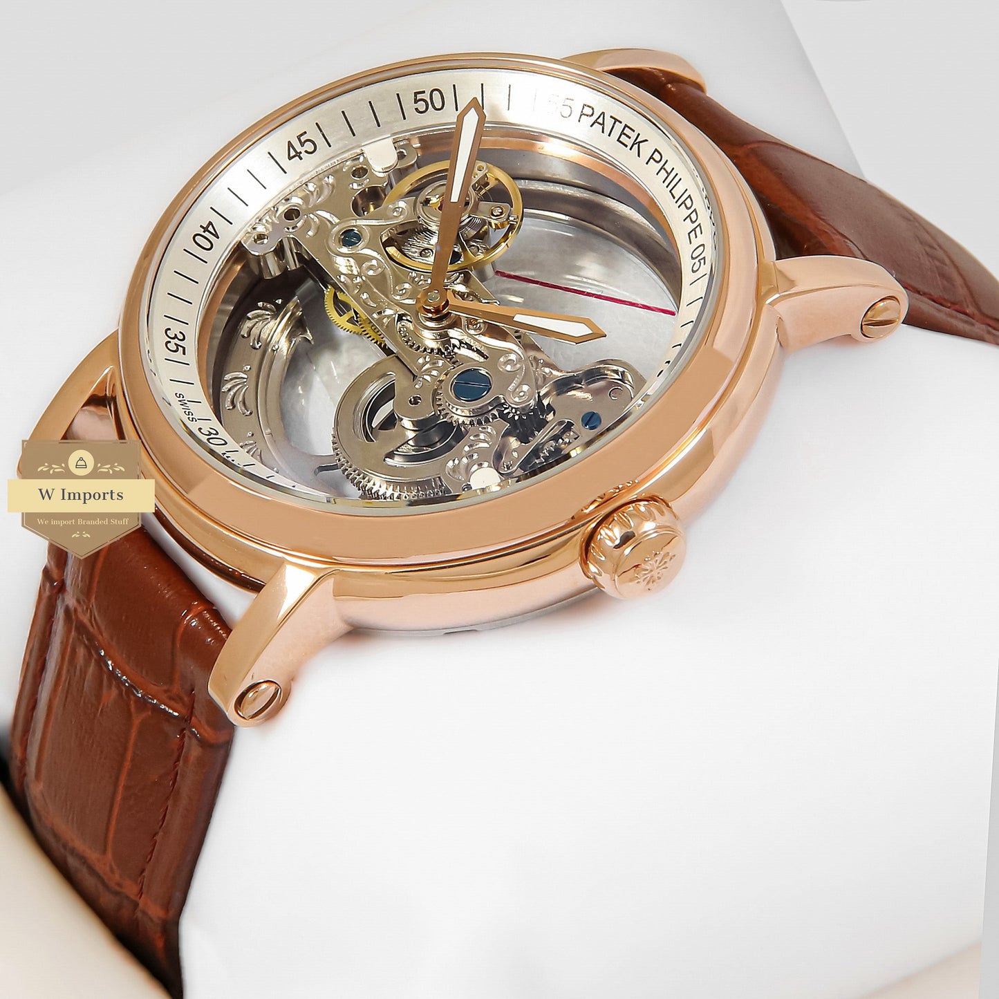 Latest Collection Transparent Skeleton Dial With Rose Gold Case & Brown Leather Strap Watch For men