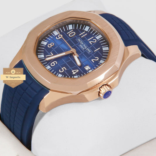 Latest Collection Rose Gold Case With Blue Dial & Rubber Strap Automatic Watch