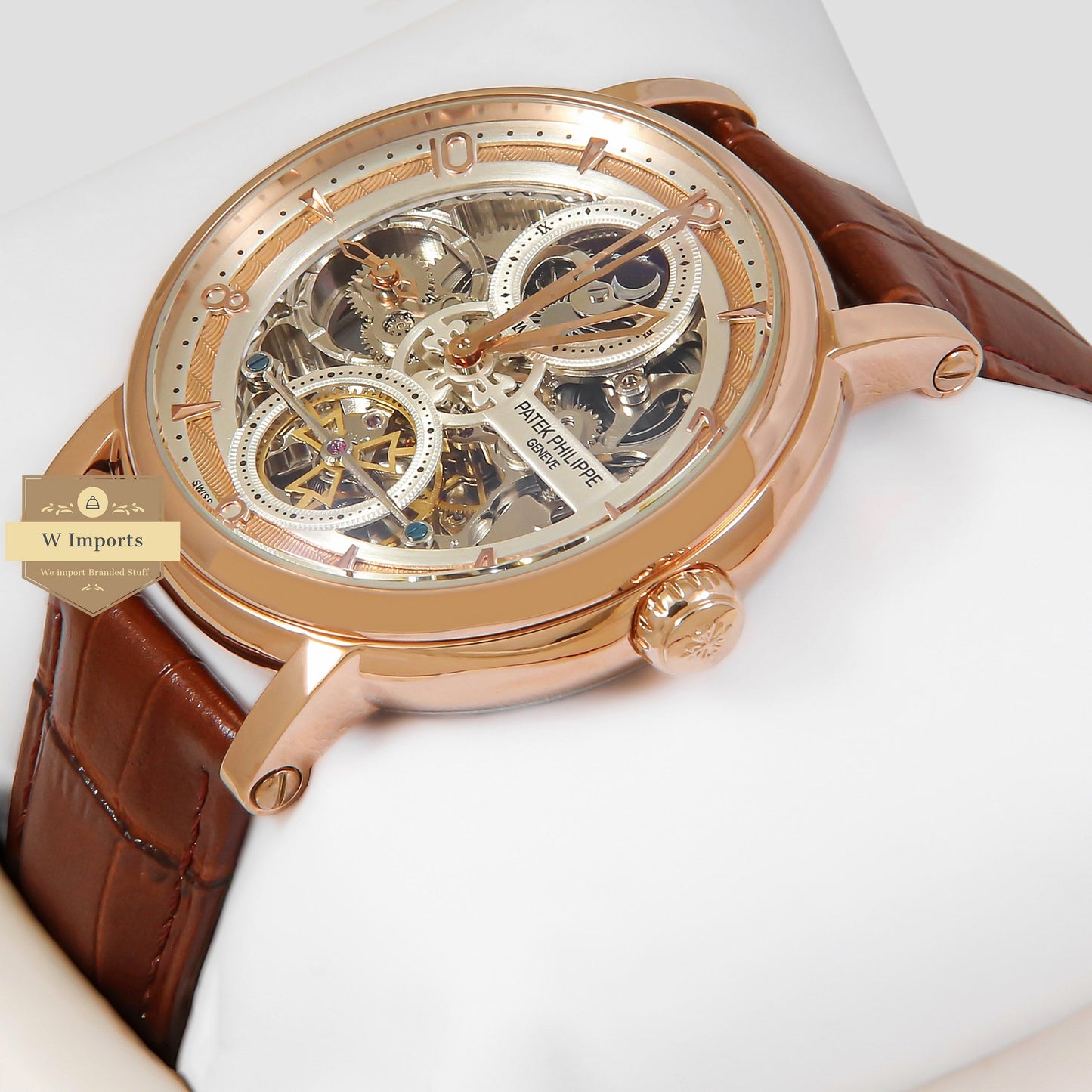 LATEST COLLECTION TOURBILLON MOON PHASE ROSE GOLD CASE WITH SKELETON DIAL & BROWN LEATHER STRAP