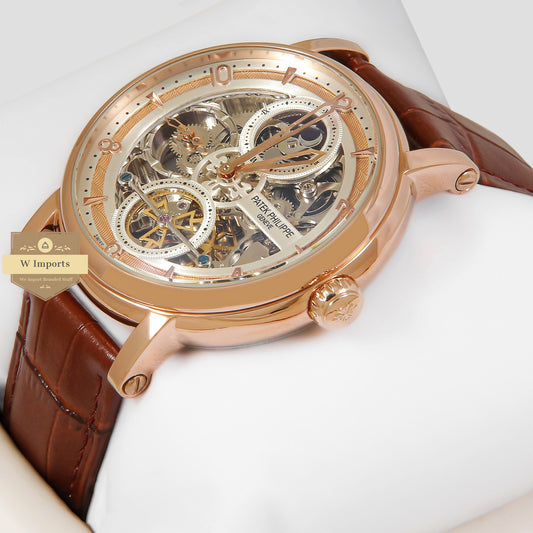 LATEST COLLECTION TOURBILLON MOON PHASE ROSE GOLD CASE WITH SKELETON DIAL & BROWN LEATHER STRAP