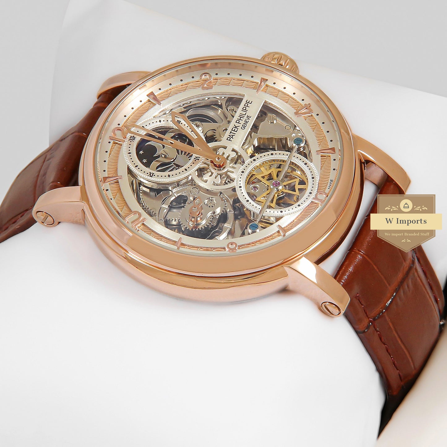 LATEST COLLECTION TOURBILLON MOON PHASE ROSE GOLD CASE WITH SKELETON DIAL & BROWN LEATHER STRAP