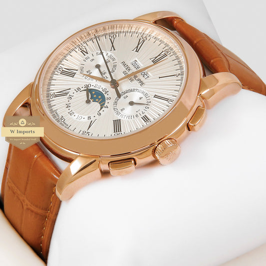LATEST COLLECTION MOON PHASE ROSE GOLD CASE WITH SILVER DIAL & BROWN LEATHER STRAP