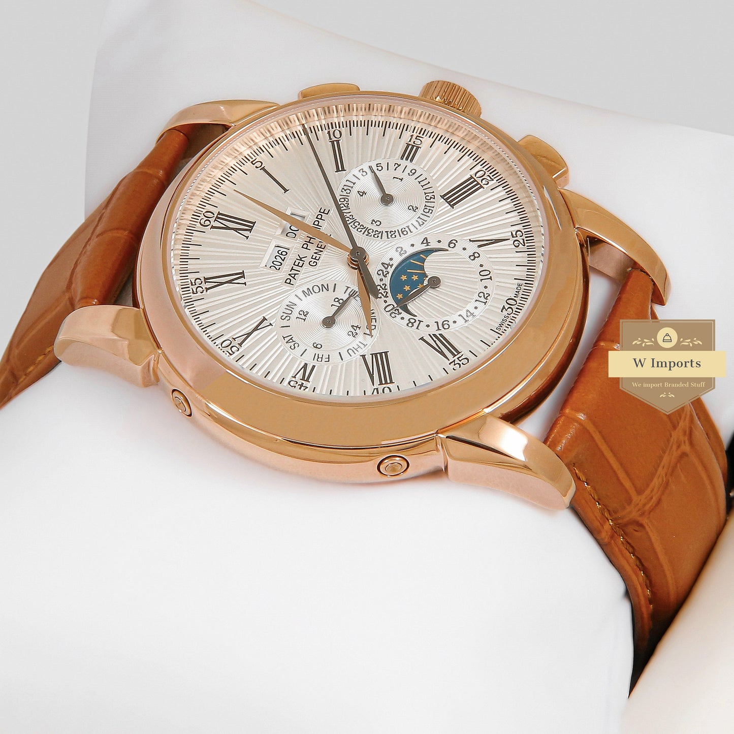 LATEST COLLECTION MOON PHASE ROSE GOLD CASE WITH SILVER DIAL & BROWN LEATHER STRAP
