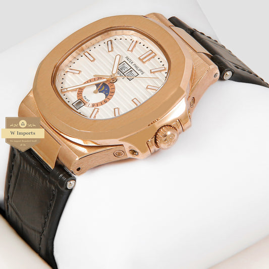 LATEST COLLECTION ANNUAL CALENDER MOON PHASE ROSE GOLD CASE WITH WHITE DIAL & BLACK LEATHER STRAP
