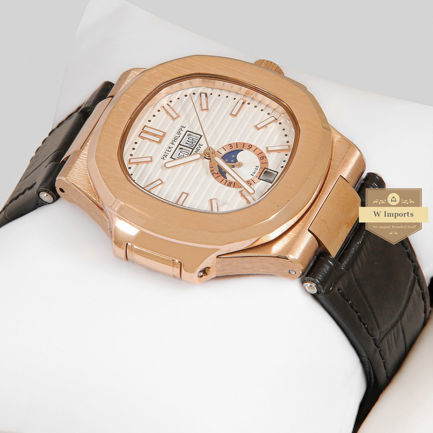 LATEST COLLECTION ANNUAL CALENDER MOON PHASE ROSE GOLD CASE WITH WHITE DIAL & BLACK LEATHER STRAP