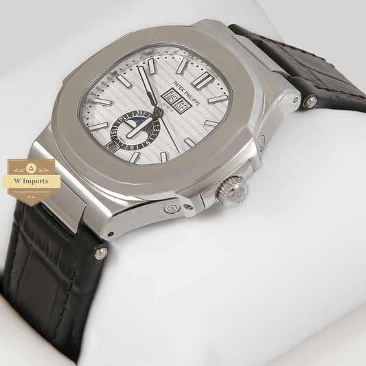 LATEST COLLECTION ANNUAL CALENDER MOON PHASE SILVER CASE WITH WHITE DIAL & BLACK LEATHER STRAP