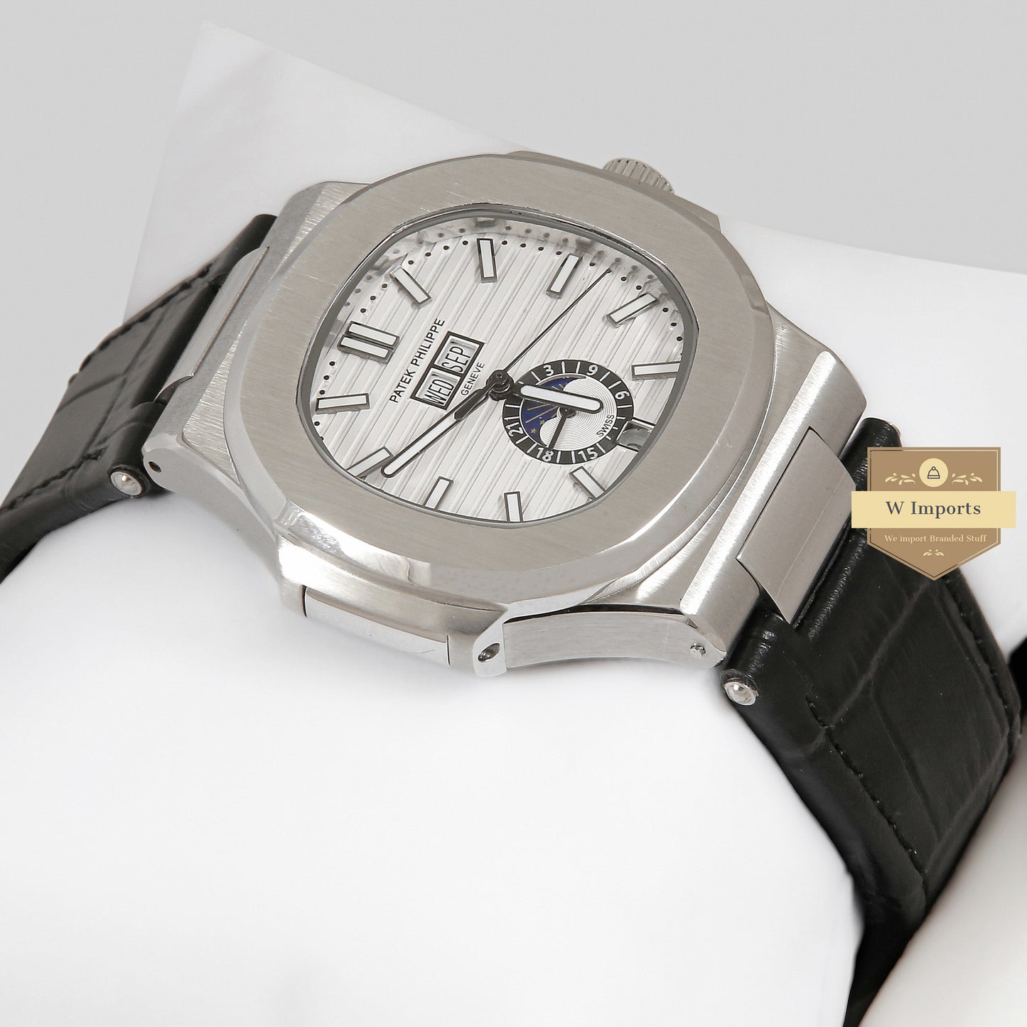LATEST COLLECTION ANNUAL CALENDER MOON PHASE SILVER CASE WITH WHITE DIAL & BLACK LEATHER STRAP