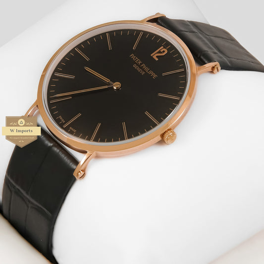 LATEST COLLECTION ROSE GOLD CASE WITH BLACK DIAL & BLACK LEATHER STRAP