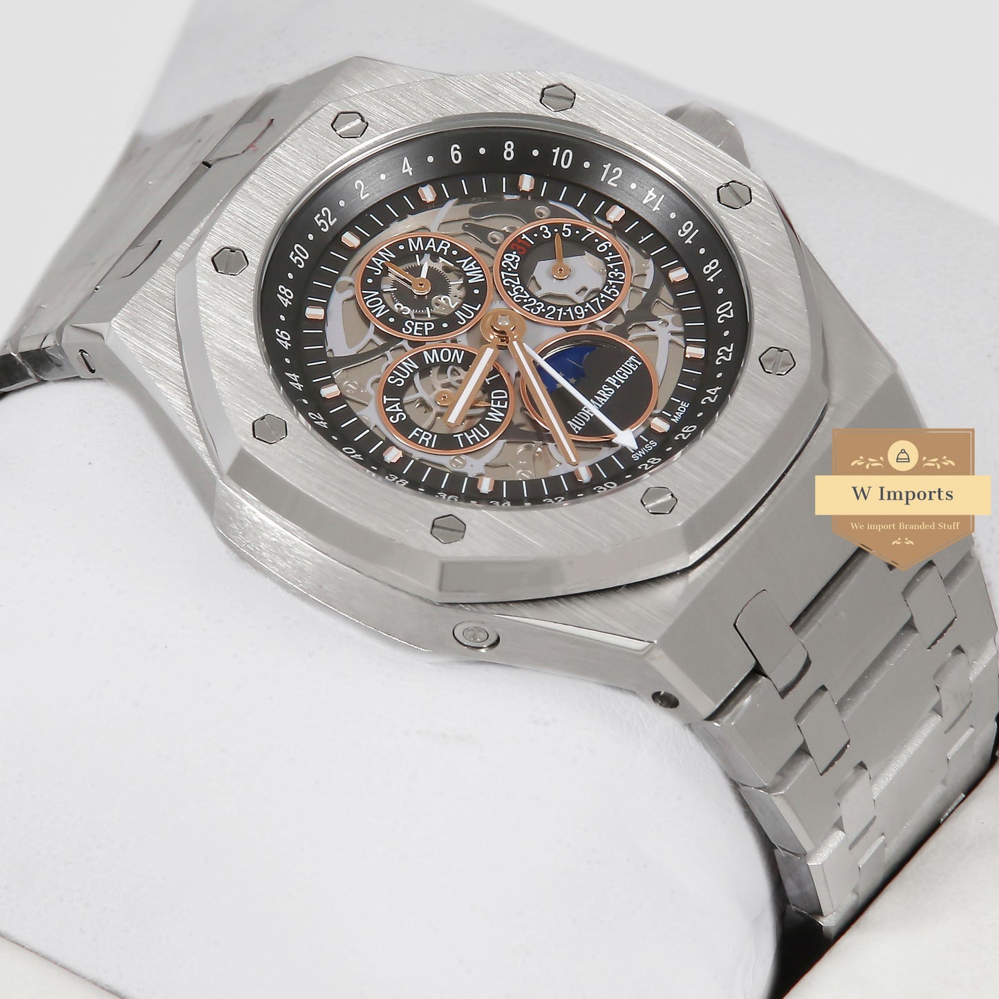 Latest Collection Perpetual Calendar Silver With Black Skeleton Dial Automatic Watch