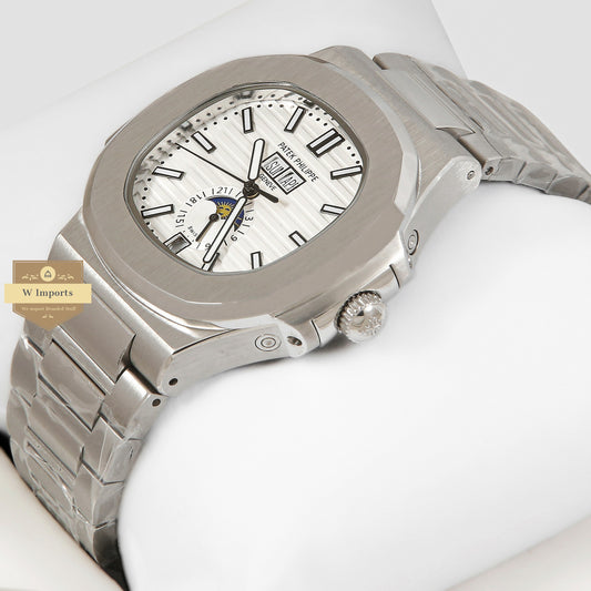 LATEST COLLECTION ANNUAL CALENDAR MOON PHASE SILVER WITH WHITE DIAL
