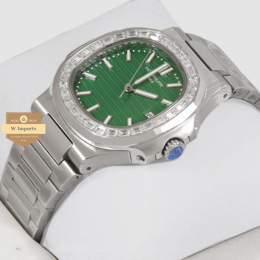 Latest Collection Silver With Green Dial Stone Bezel Automatic Watch
