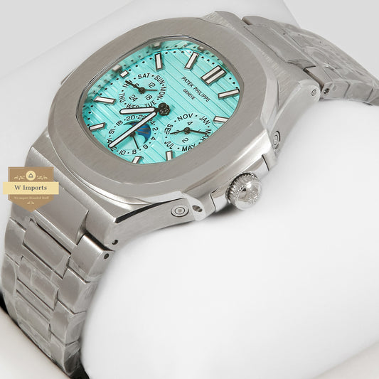 LATEST COLLECTION MOON PHASE CHRONOGRAPH SILVER CASE WITH SEA BLUE DIAL
