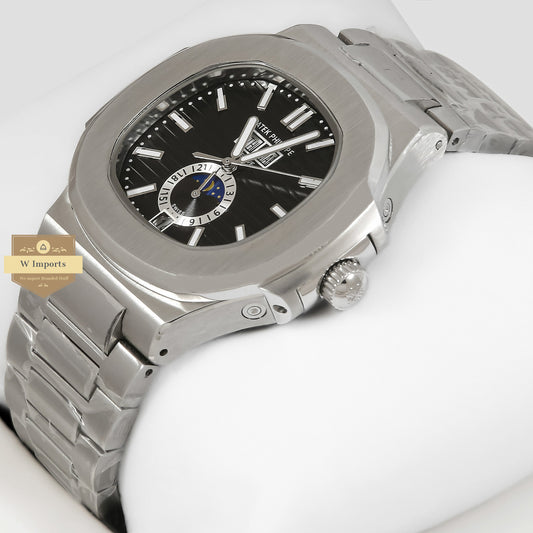 LATEST COLLECTION ANNUAL CALENDAR MOON PHASE SILVER WITH BLACK DIAL