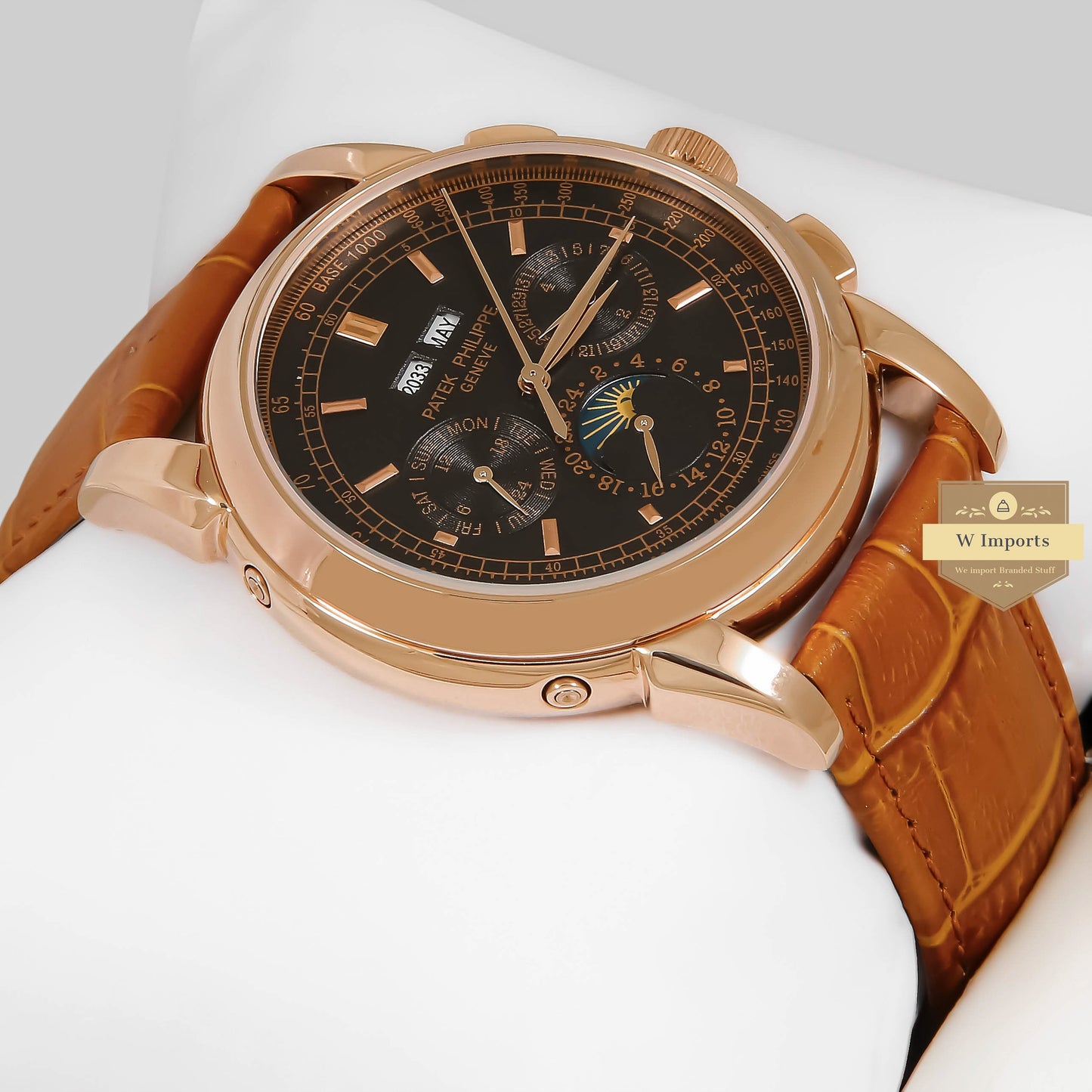 LATEST COLLECTION MOON PHASE ROSE GOLD CASE WITH BLACK DIAL & BROWN LEATHER STRAP