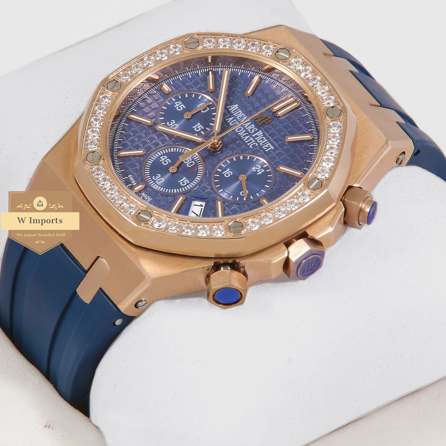 Latest Collection Chronograph Rose Gold Stoned Bezel With Blue Dial & Rubber Strap