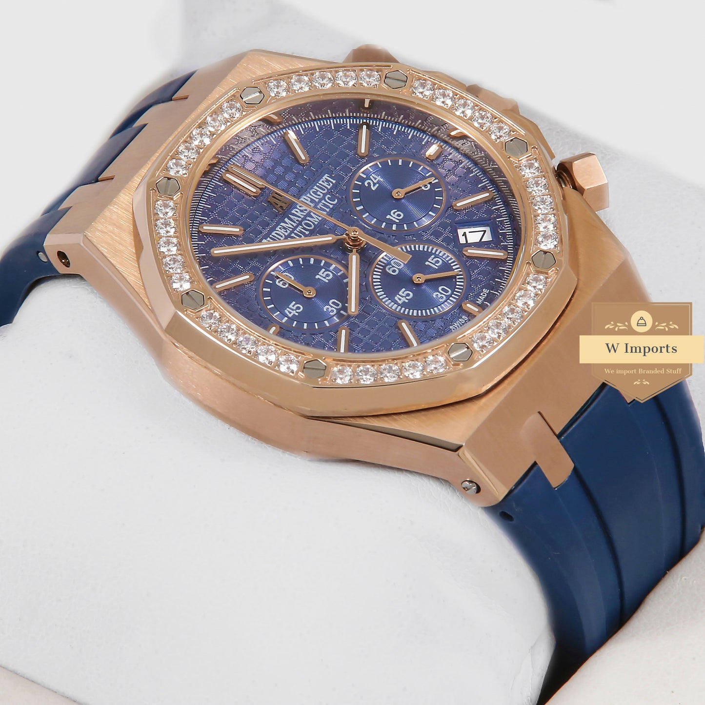 Latest Collection Chronograph Rose Gold Stoned Bezel With Blue Dial & Rubber Strap