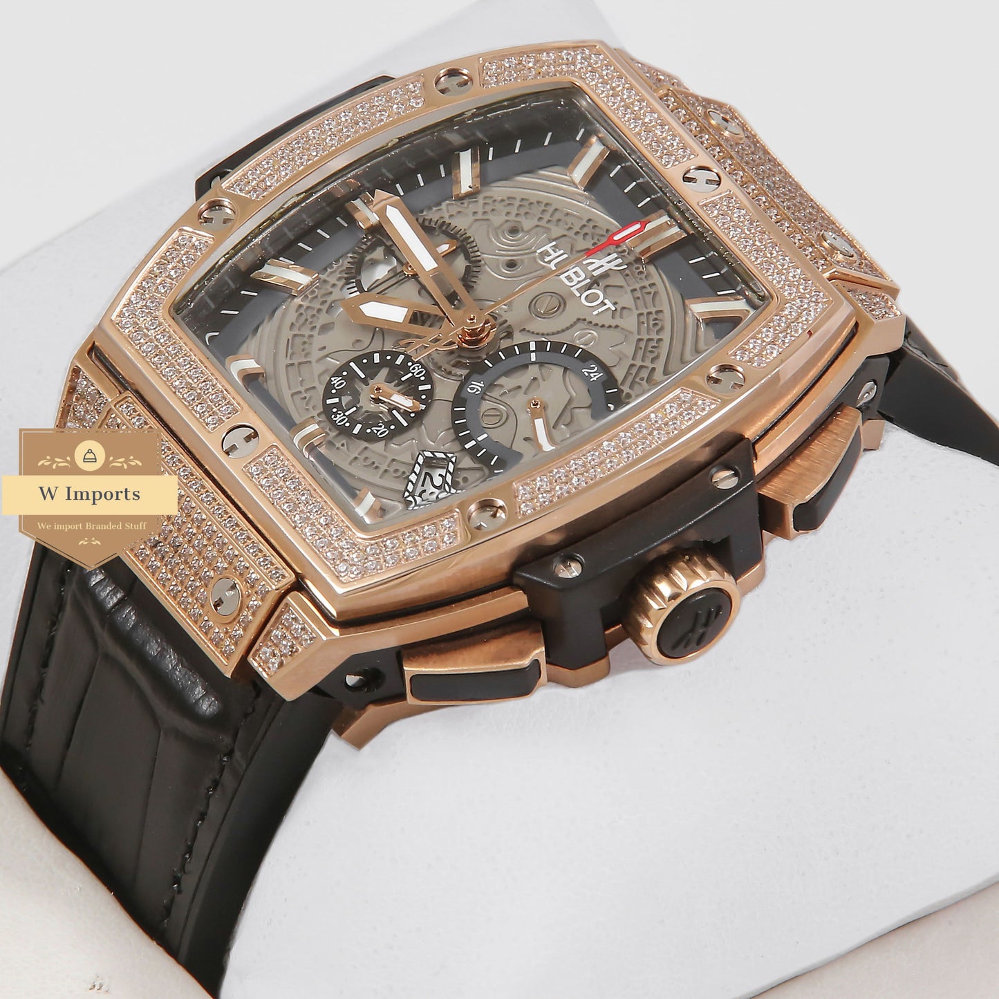 Latest Spirit of Collection Chronograph Rose Gold Stone Bezel & Grey Dial With Black Leather Strap