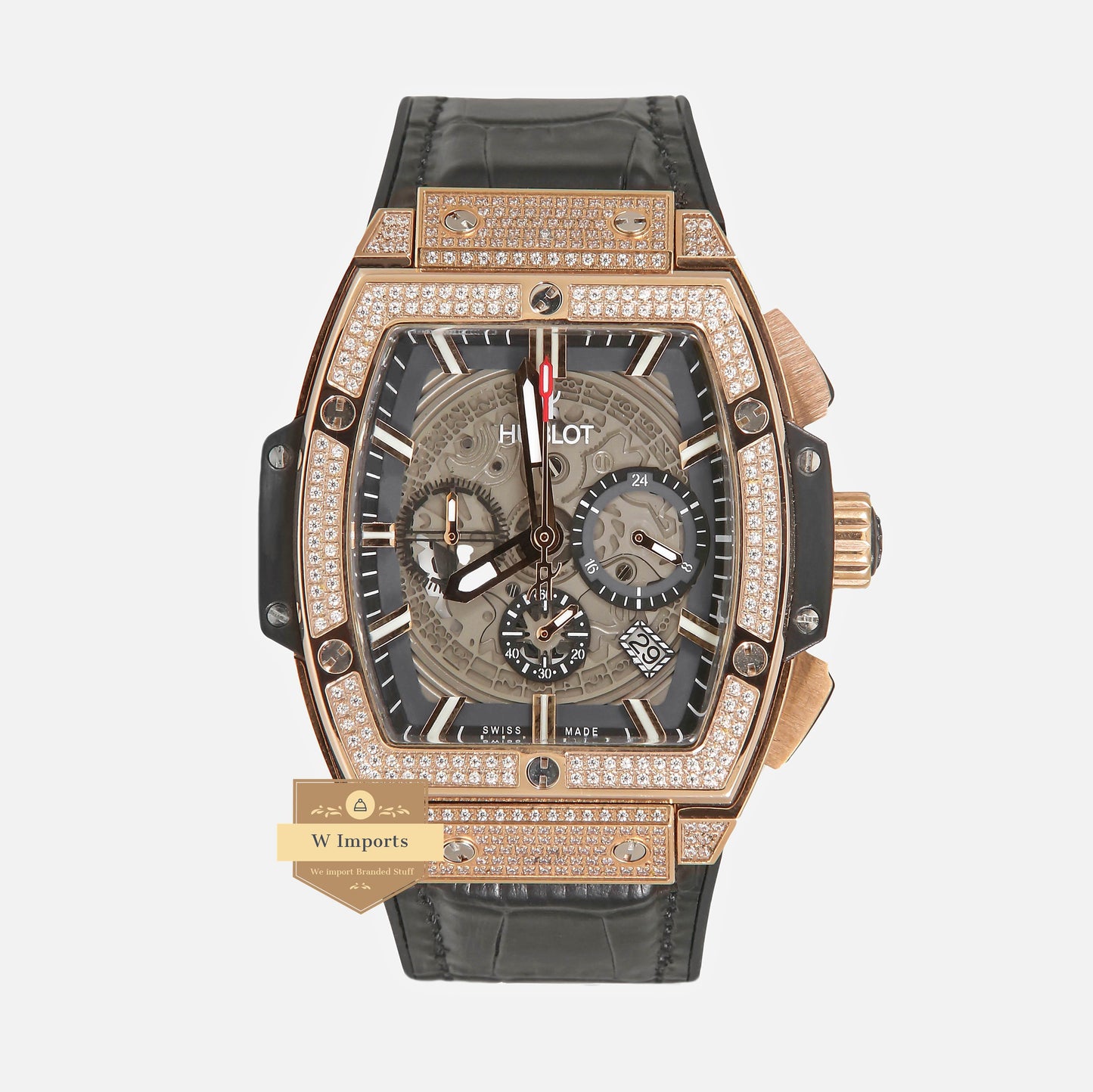 Latest Spirit of Collection Chronograph Rose Gold Stone Bezel & Grey Dial With Black Leather Strap