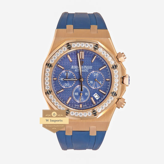 Latest Collection Chronograph Rose Gold Stoned Bezel With Blue Dial & Rubber Strap