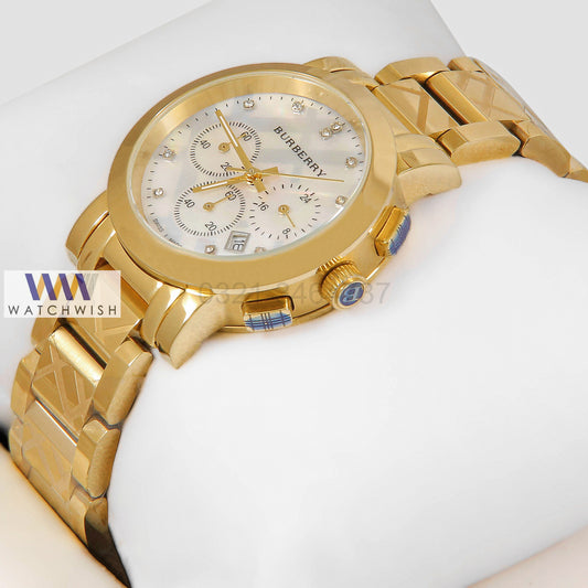 LATEST COLLECTION CHRONOGRAPH YELLOW GOLD WITH WHITE DIAL STONE FIGURE LADIES WATCH