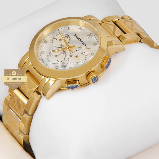 LATEST COLLECTION CHRONOGRAPH YELLOW GOLD WITH WHITE DIAL STONE FIGURE LADIES WATCH