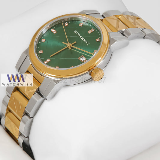 LATEST COLLECTION TWO TONE YELLOW GOLD WITH GREEN DIAL & STONE FIGURE LADIES WATCH