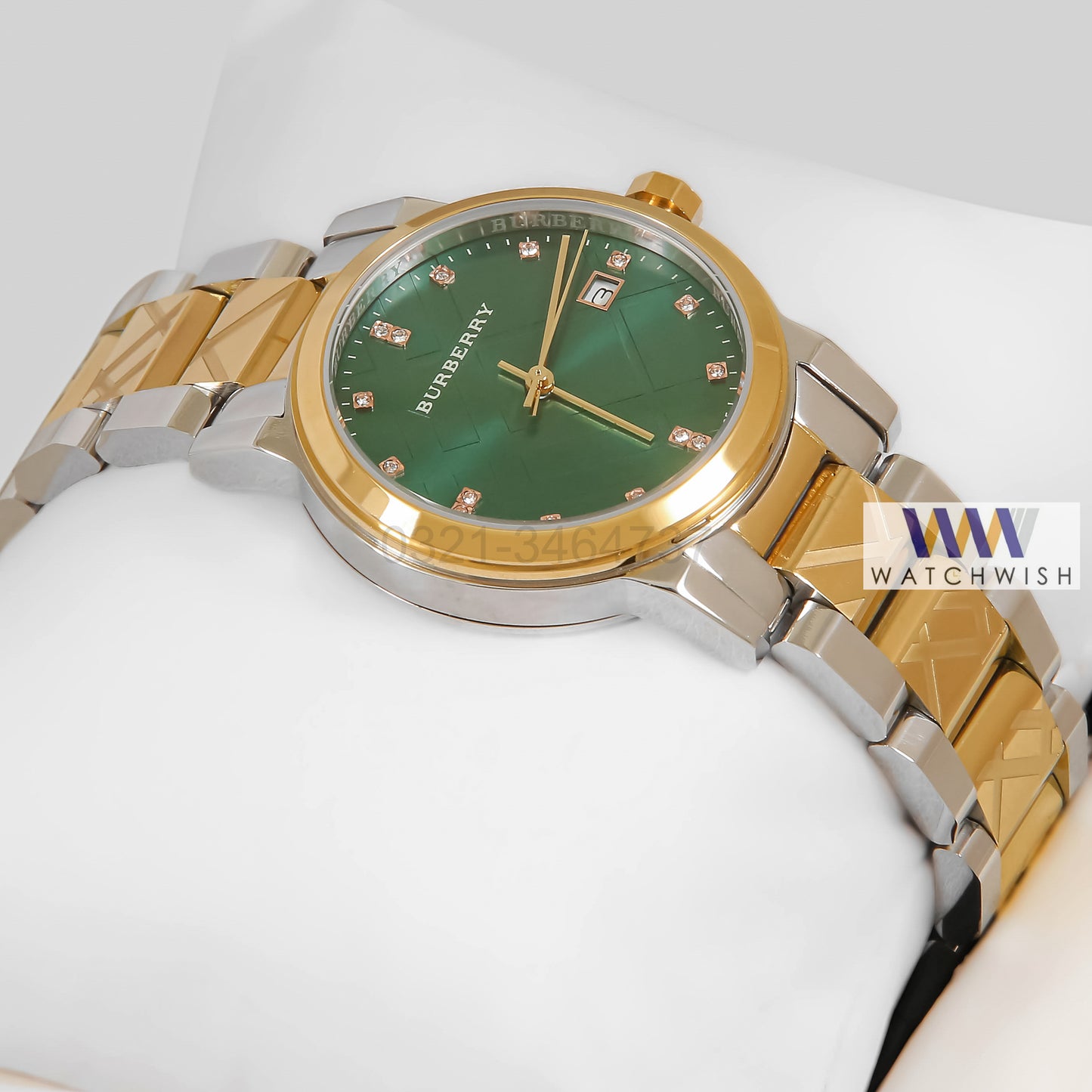 LATEST COLLECTION TWO TONE YELLOW GOLD WITH GREEN DIAL & STONE FIGURE LADIES WATCH