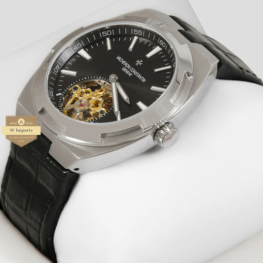 LATEST COLLECTION TOURBILLON SILVER CASE WITH BLACK DIAL & LEATHER STRAP