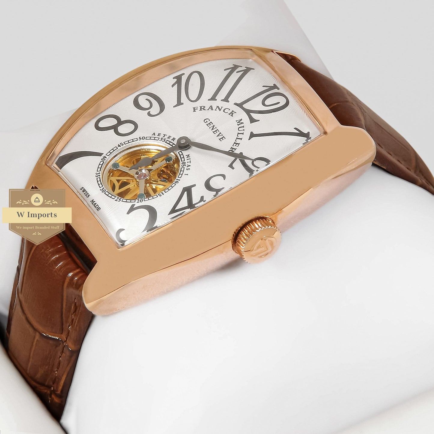 LATEST COLLECTION TOURBILLON ROSE GOLD CASE WITH WHITE DIAL AND BROWN LEATHER STRAP