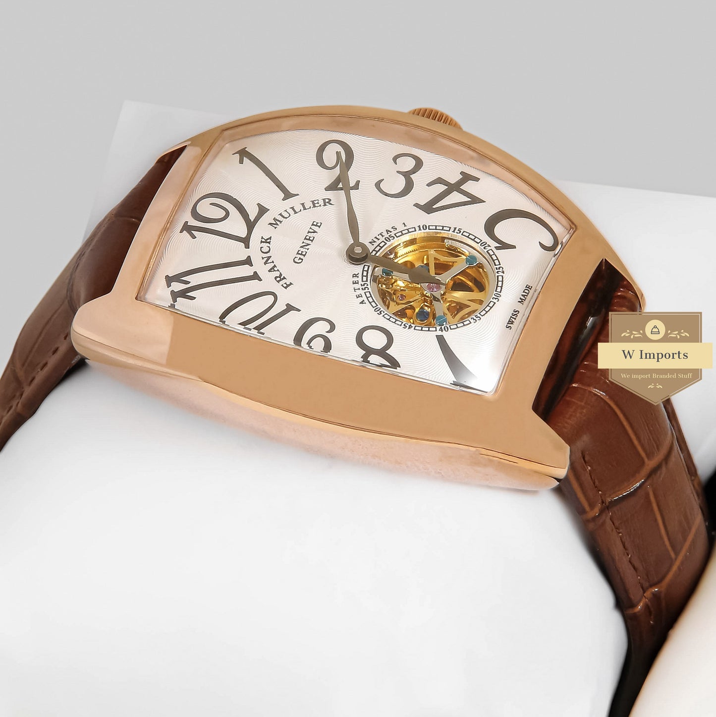 LATEST COLLECTION TOURBILLON ROSE GOLD CASE WITH WHITE DIAL AND BROWN LEATHER STRAP