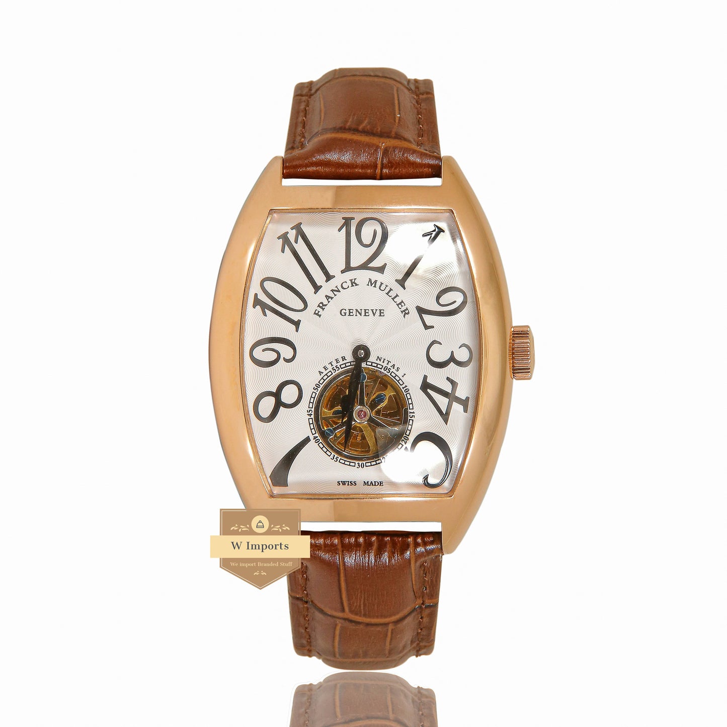 LATEST COLLECTION TOURBILLON ROSE GOLD CASE WITH WHITE DIAL AND BROWN LEATHER STRAP