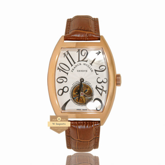 LATEST COLLECTION TOURBILLON ROSE GOLD CASE WITH WHITE DIAL AND BROWN LEATHER STRAP