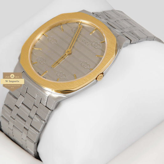 LATEST COLLECTION ALL SILVER WITH DIAL AND YELLOW GOLD BEZEL CHAIN WATCH
