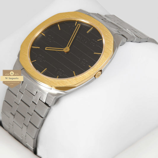 LATEST COLLECTION SILVER WITH BLACK DIAL AND YELLOW GOLD BEZEL CHAIN WATCH