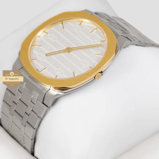 LATEST COLLECTION SILVER WITH WHITE DIAL AND YELLOW GOLD BEZEL CHAIN WATCH