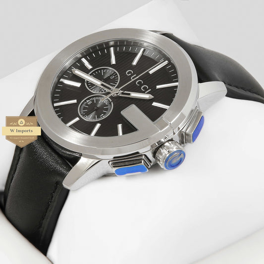 LATEST COLLECTION CHRONOGRAPH SILVER CASE WITH BLACK DIAL & LEATHER STRAP