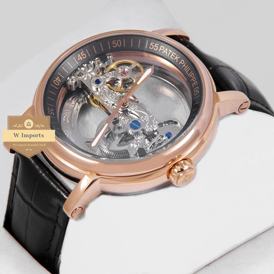 Latest Collection Transparent Skeleton Dial With Rose Gold Case & Black Leather Strap