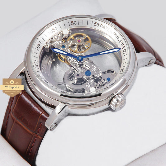 Latest Collection Transparent Skeleton Dial With Silver Case & Brown Leather Strap