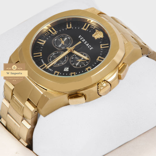 LATEST COLLECTION CHRONOGRAPH YELLOW GOLD WITH BLACK DIAL CHAIN WATCH