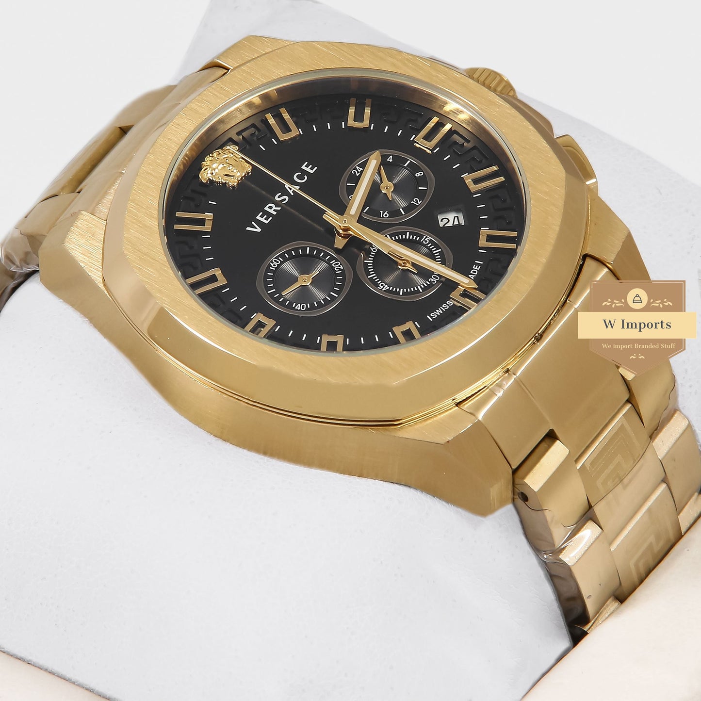 LATEST COLLECTION CHRONOGRAPH YELLOW GOLD WITH BLACK DIAL CHAIN WATCH