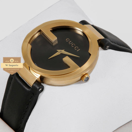 Latest Collection G Yellow Gold Case With Black Dial & Leather Strap Ladies Watch