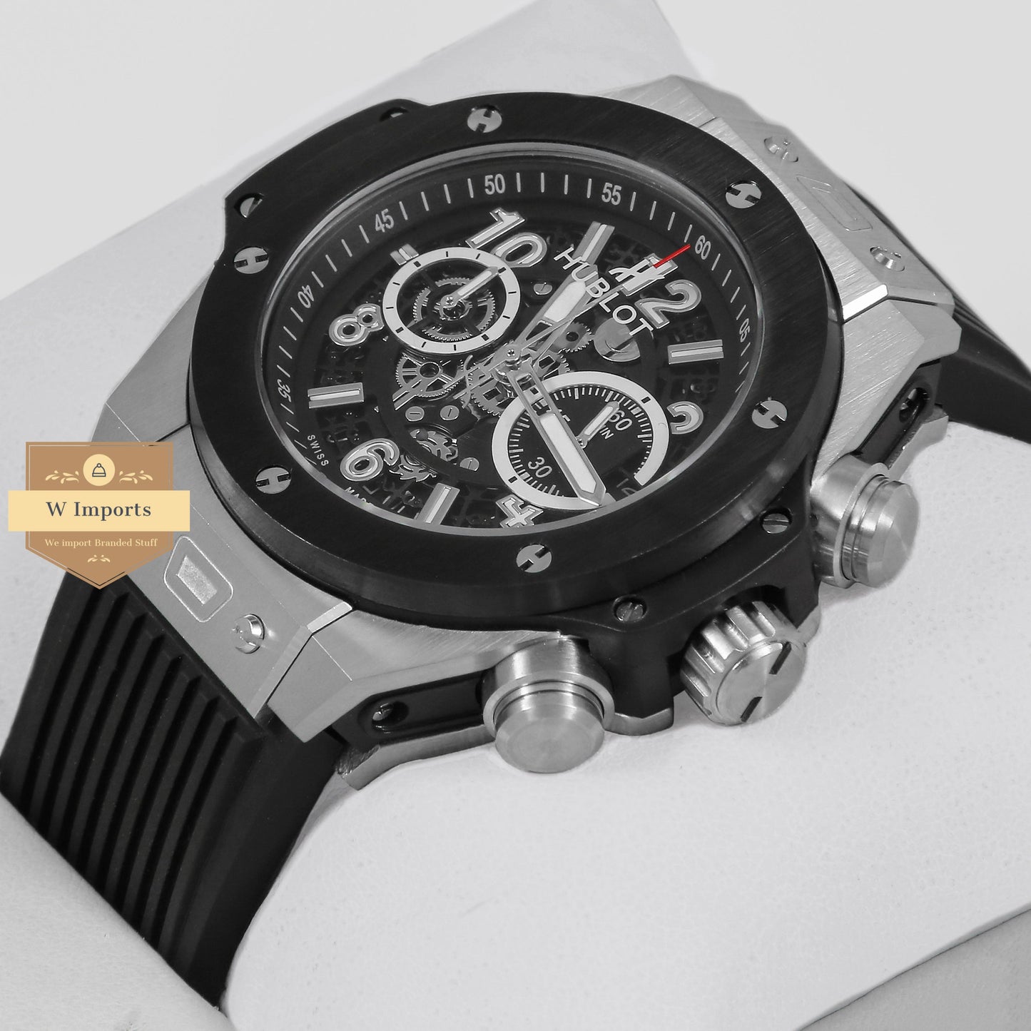 Latest Collection Chronograph Silver Case With Black Dial & Black PVC Strap