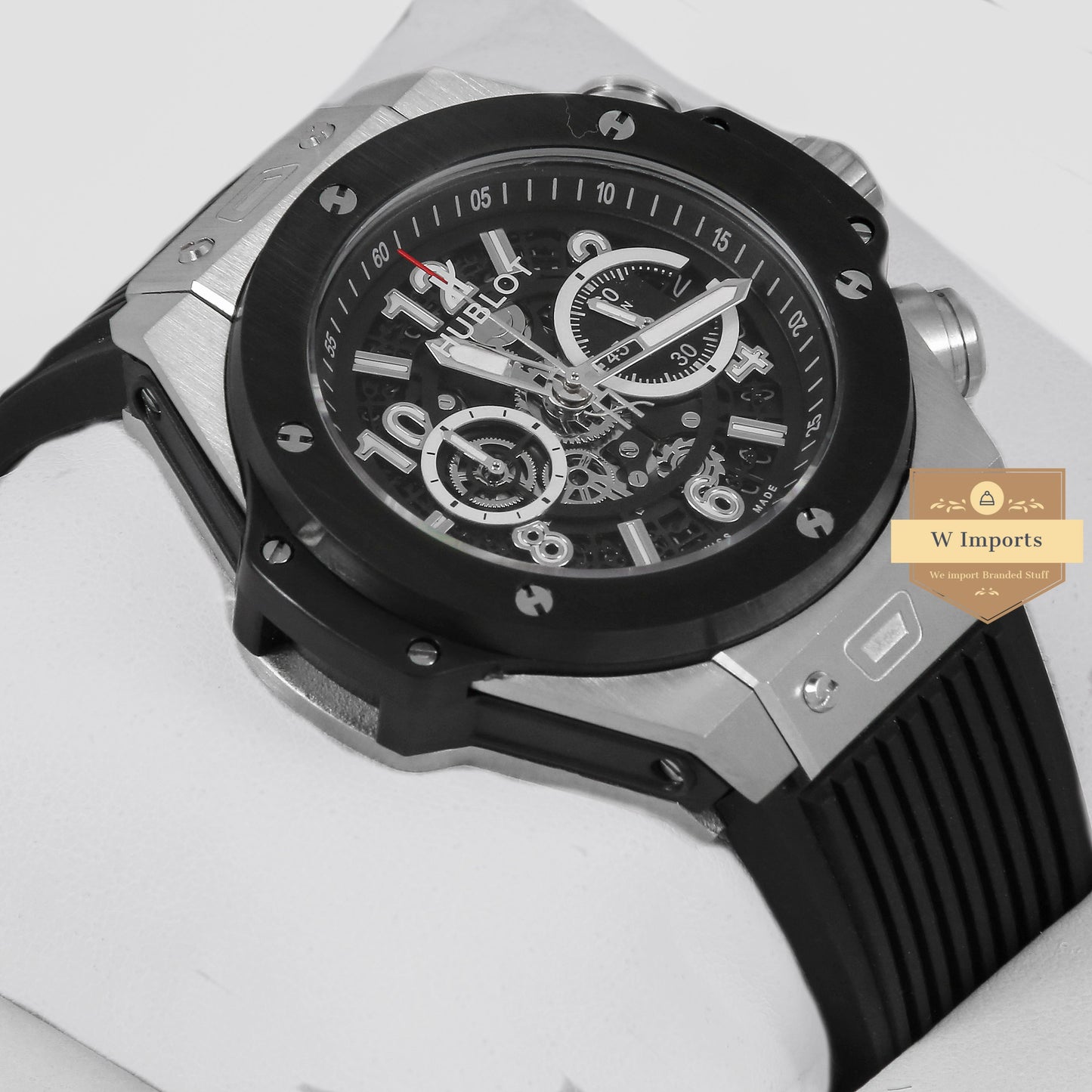 Latest Collection Chronograph Silver Case With Black Dial & Black PVC Strap