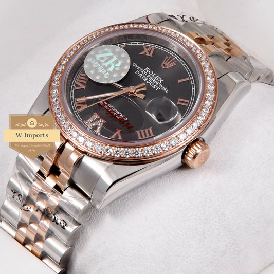 Latest Collection 36 Rose Gold Two Tone With Black Numeral Dial & Stone Bezel ZR Factory