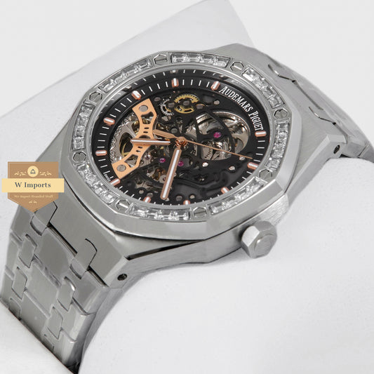 Latest Collection Silver With Black Skeleton Dial & Stone Bezel